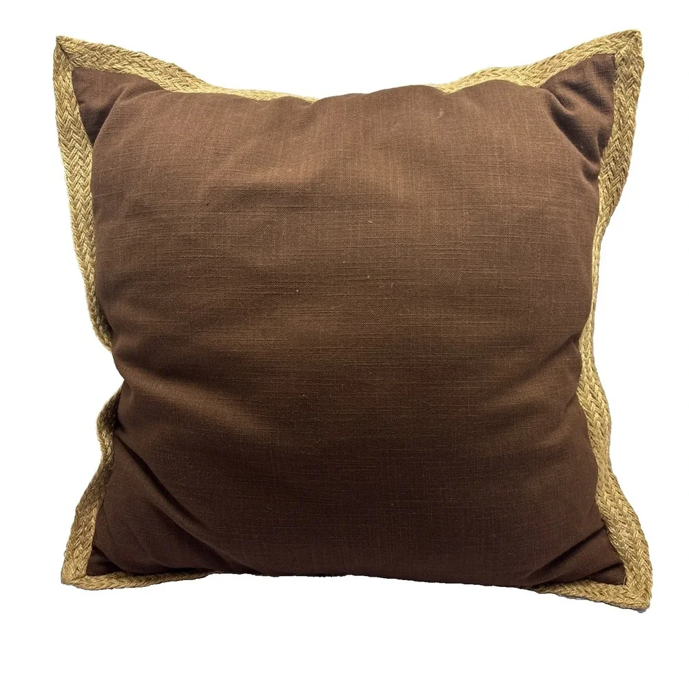 Vtg Pair Of Pier 1 100% Cotton (2) Large Pillows Green Brown W/ Jute Trim 21x21